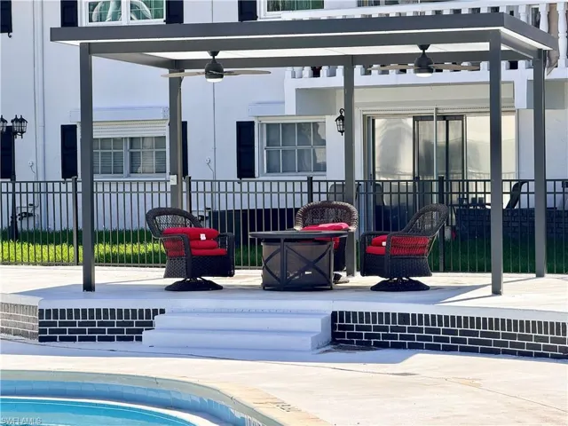 Covered sitting area near the pool