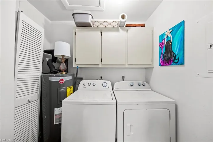 Clothes washing area with washing machine and clothes dryer, electric water heater, and cabinets