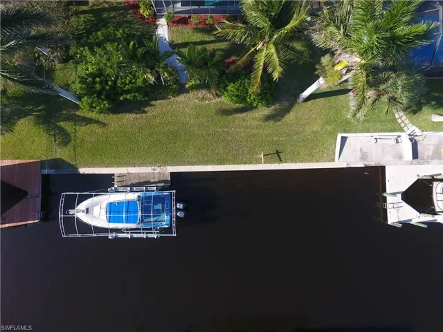 Birds eye view seawall and boat lift installed 2018.