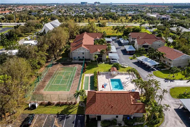 Drone / aerial view of a pool area