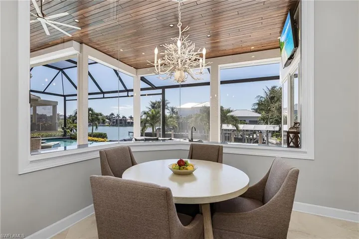Dining/breakfast area featuring wrap around windows, view of outdoor space and Roberts Bay.