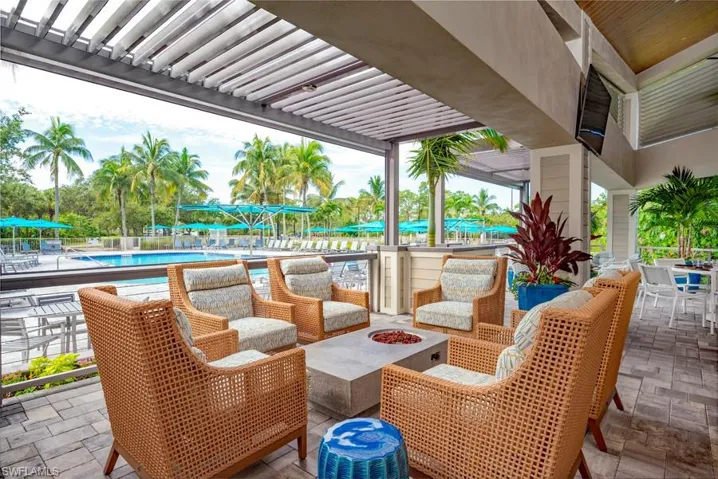 Patio at River Club overlooking the pool with a fire pit