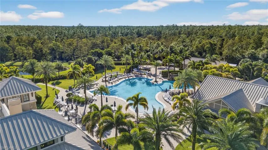 Bird's eye view of a pool and a heavily wooded area