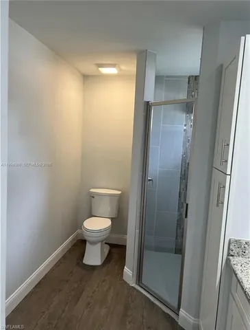 Bathroom featuring wood-finish flooring, a glass-enclosed shower with tiled walls and decorative accent tiling, a white toilet, and recessed lighting