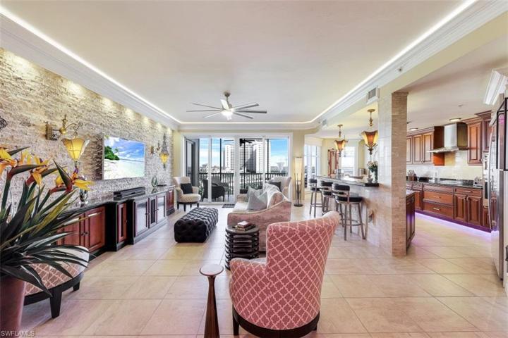 Great room with custom crown and colored lighting