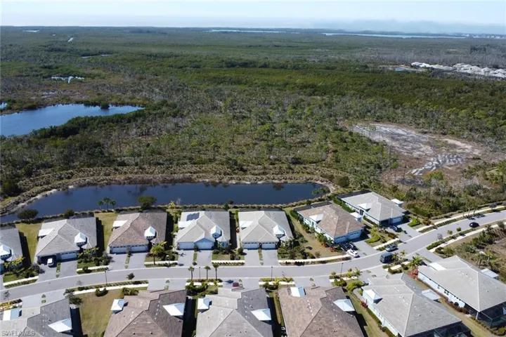 Aerial view of residential area with a forest and a large body of water