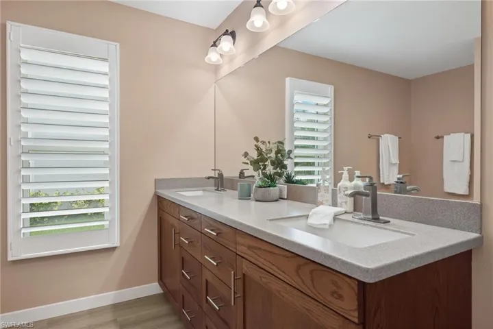 Primary Bathroom with wood-type flooring and vanity
