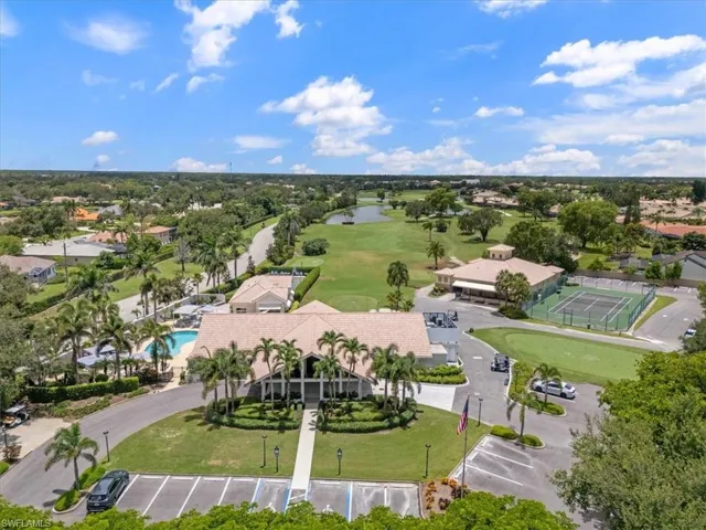 Aerial view of a nearby body of water and a golf club