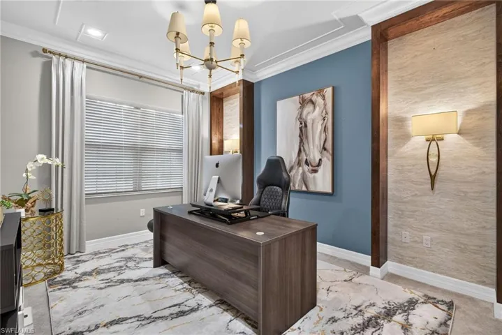 Recessed lighting, custom trim, crown molding, sconce lighting, and a decorative ceiling fixture illuminate this space.  Located on 1st floor, can be converted to 5th bedroom, with full bath next to it.