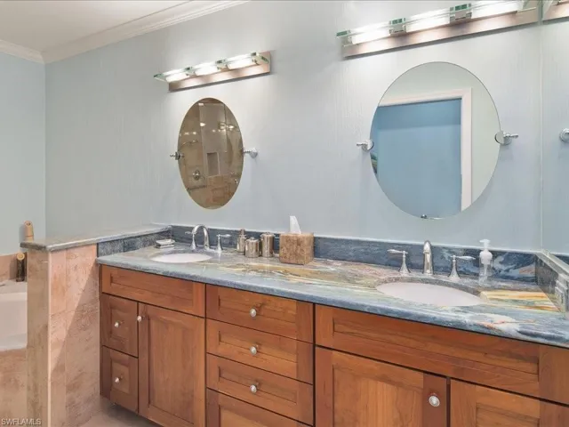 Bathroom featuring ornamental molding and vanity