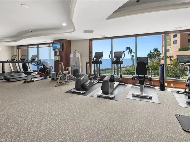 Workout area with a wall of windows and carpet