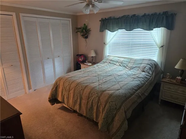 Bedroom featuring multiple closets, ornamental molding, ceiling fan, and dark carpet