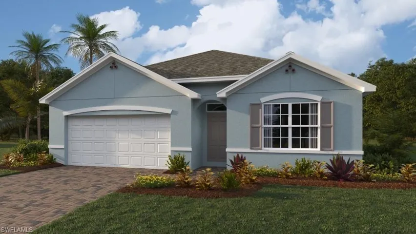 Ranch-style house with a front yard and a garage