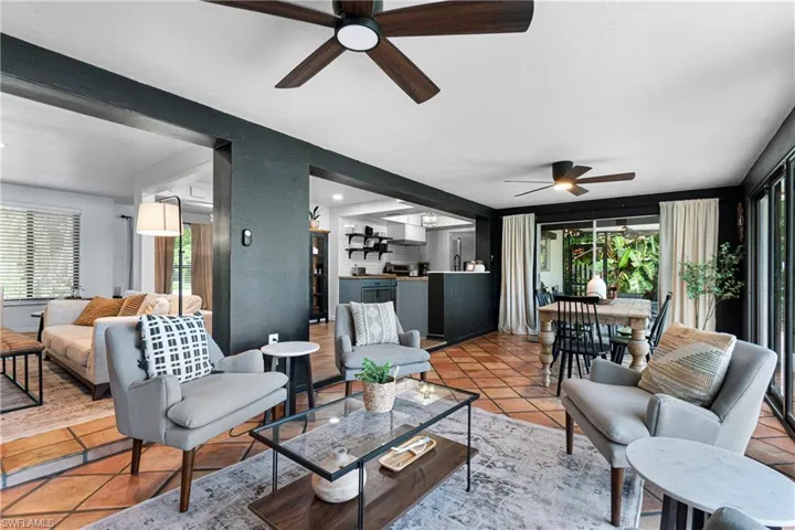Tiled living room with ceiling fan