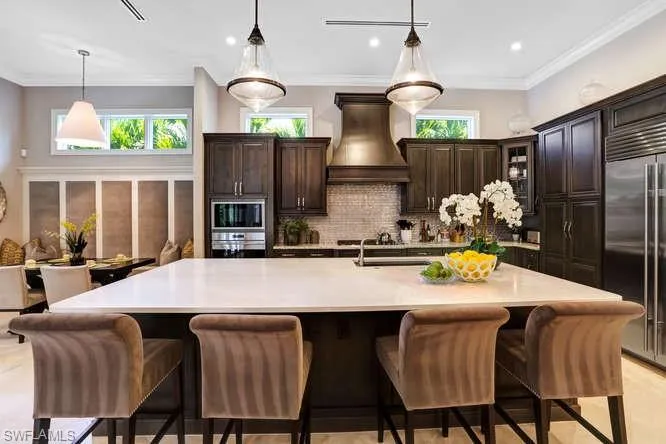 Kitchen with custom range hood, built in appliances, decorative backsplash, decorative light fixtures, and a large island with sink