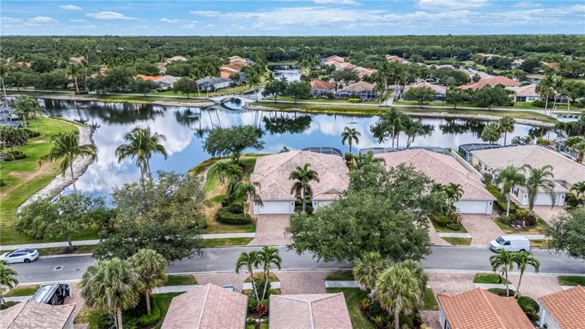 Aerial view of residential area with a large body of water