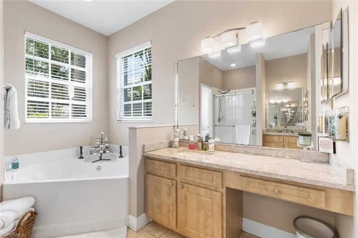 Bathroom featuring a stall shower, healthy amount of natural light, vanity, and a bath