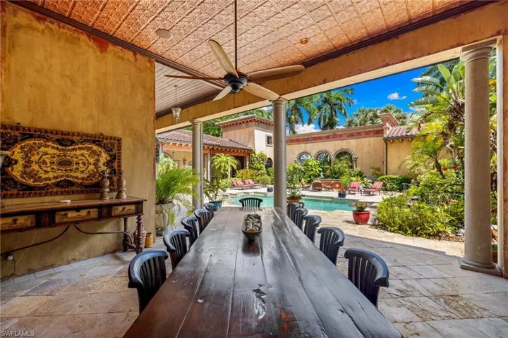 Covered outdoor patio with a large wooden dining table, a ceiling fan, and a textured ceiling
