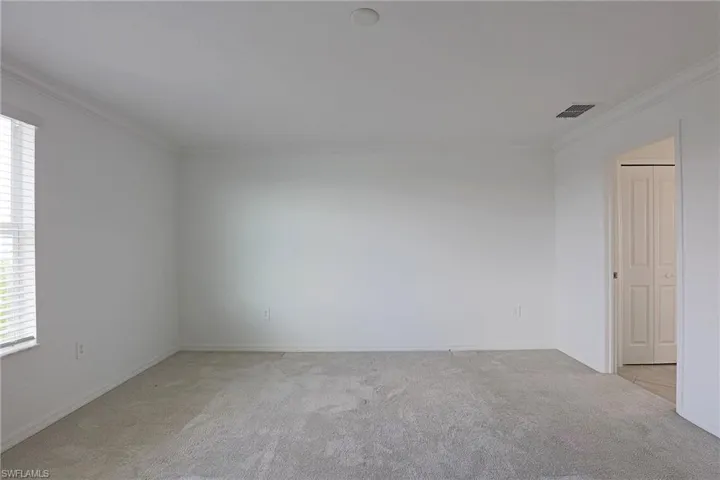 Empty room with light colored carpet, ornamental molding, and healthy amount of natural light