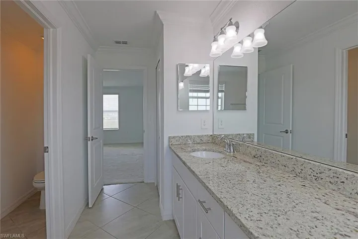 Bathroom with vanity, ornamental molding, and light tile patterned floors