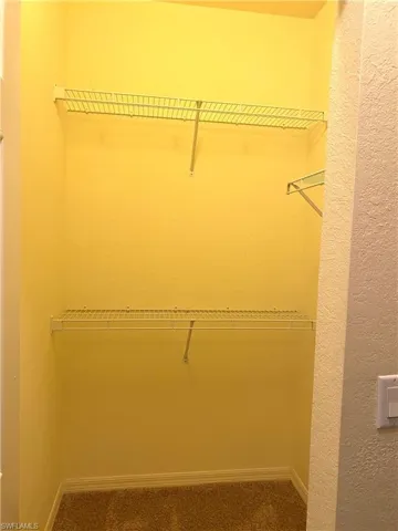 Walk in closet featuring dark colored carpet