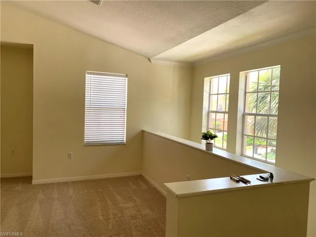 Empty room with light colored carpet, crown molding, and a textured ceiling