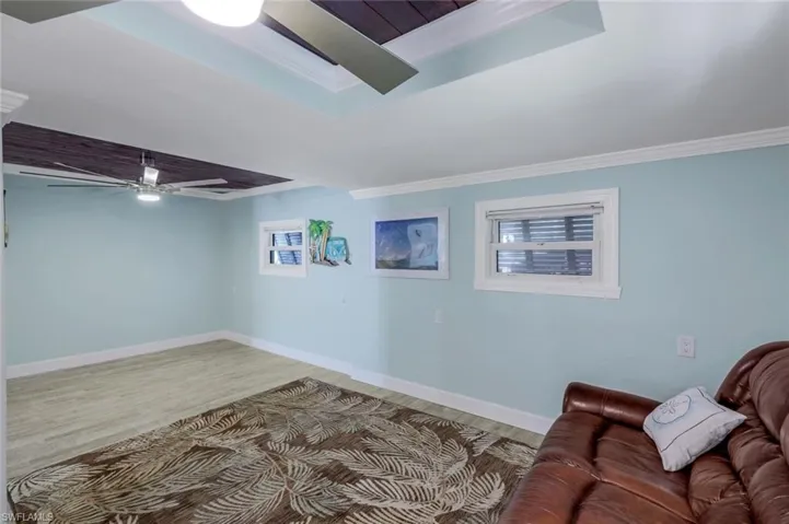 Below grade area with crown molding, wood finished floors, and ceiling fan