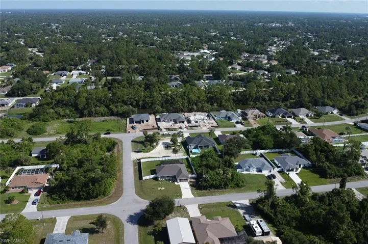 Aerial perspective showcasing a residential area with varied housing styles