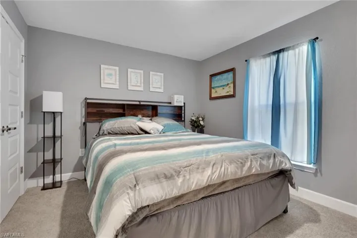 Carpeted interior space featuring a window with natural light, neutral gray walls, white baseboards, and a white paneled door