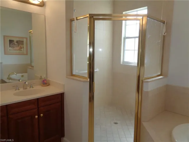 Bathroom featuring vanity, a bath, and a shower stall