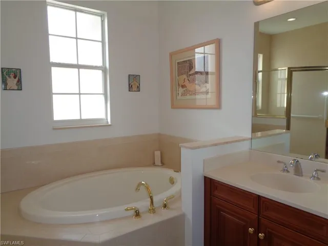 Bathroom featuring vanity, a bath, and a shower stall