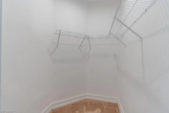 Walk in closet with light colored carpet
