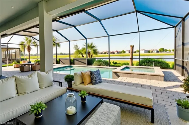 View of patio featuring a sunroom, an outdoor living space, an outdoor pool, a lanai, and a water view VIRTUALLY STAGED