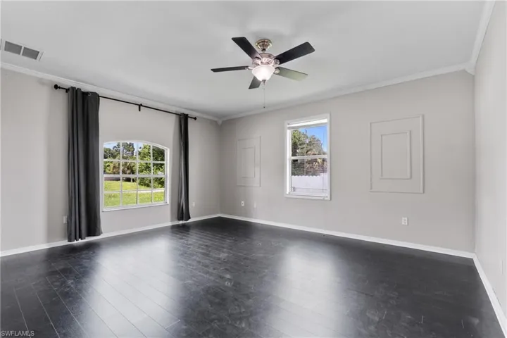 Spare room featuring crown molding, healthy amount of natural light, a ceiling fan, and dark wood-style floors
