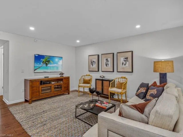 Main Living Area furnished with recessed lighting. All living areas feature wood floors, no carpeting, newly skimmed and painted walls and ceilings.