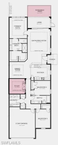 Additional Highlights Include: Study in place of flex, double pocket doors at study, tray ceilings at primary suite, study, great room, and dining area, 8' interior doors, second sink at secondary bath, and extended screened lanai.