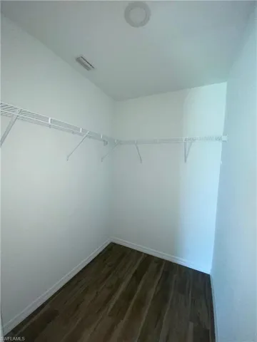 Walk in closet with dark wood finished floors