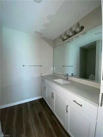 Bathroom with vanity and dark wood finished floors
