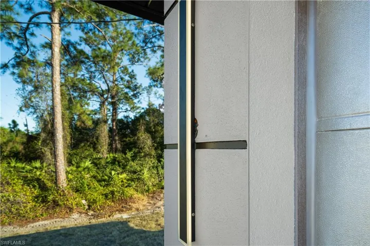 Frosted glass panel door with a modern black handle set and light gray textured siding