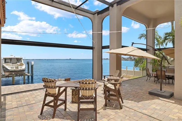 View of patio / terrace with a water view and a dock