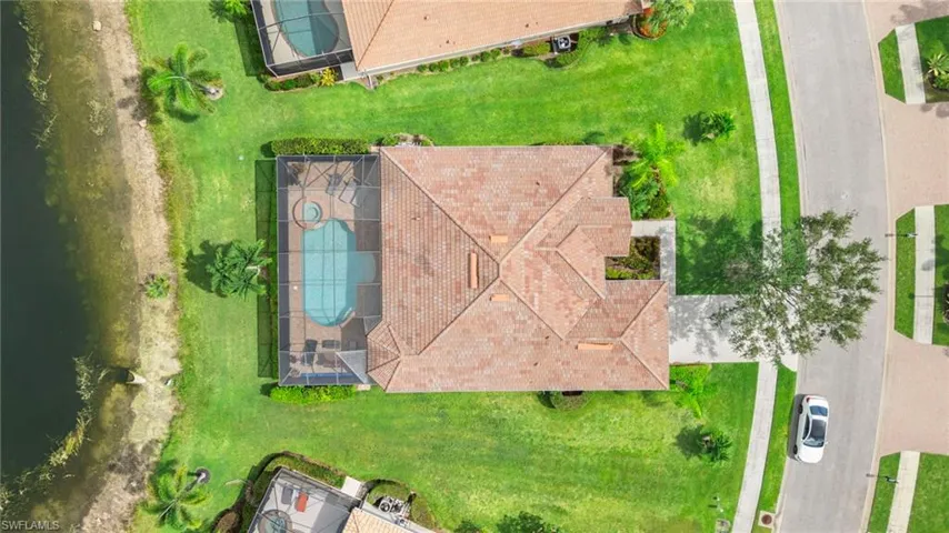 View from above of property with a pool area