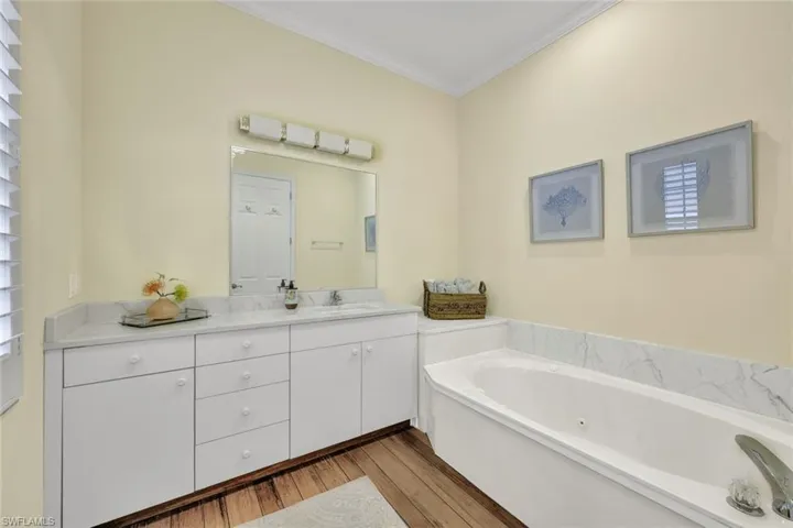 Bathroom with hardwood / wood-style flooring, a bathtub, vanity, and crown molding