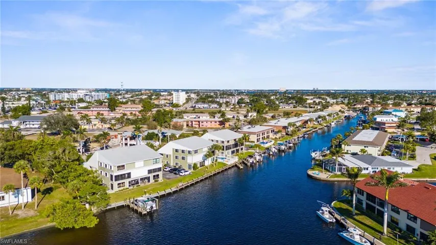 Aerial perspective of suburban area featuring a nearby body of water