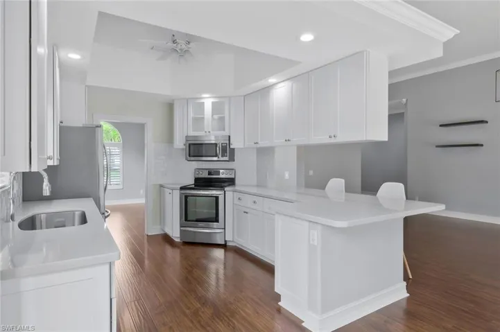 Kitchen featuring a tray ceiling, white cabinetry, appliances with stainless steel finishes, a peninsula, and dark wood-style floors