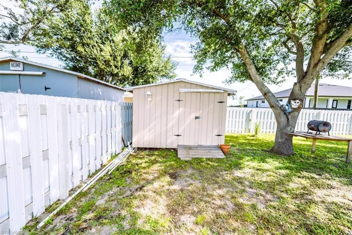 View of shed featuring a fenced backyard
