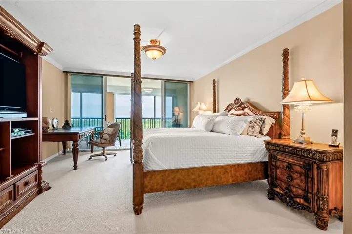 Carpeted bedroom featuring expansive windows, crown molding, and access to exterior