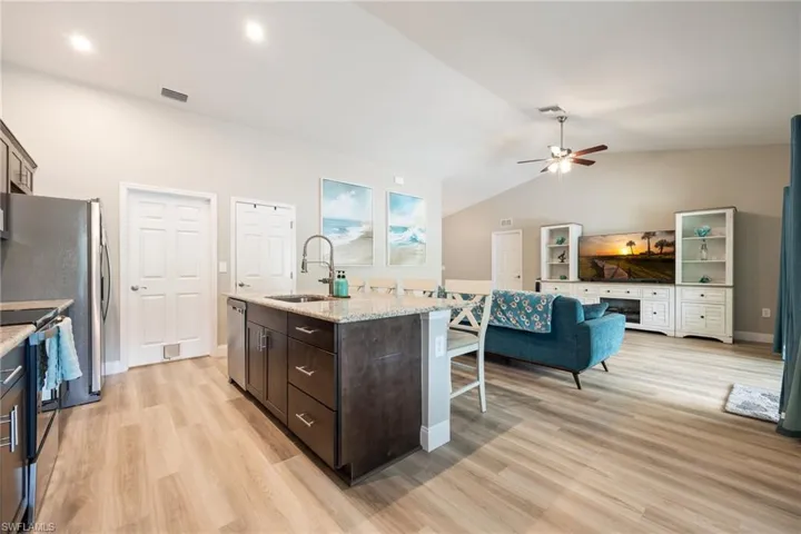 Open-concept living space with vaulted ceilings