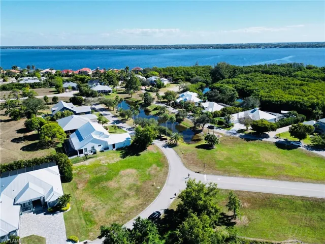 Aerial perspective of suburban area featuring a large body of water