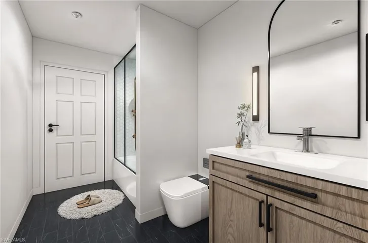 VIRTUAL REMODEL/STAGING: Full bathroom featuring shower / bath combination with glass door, vanity, and toilet