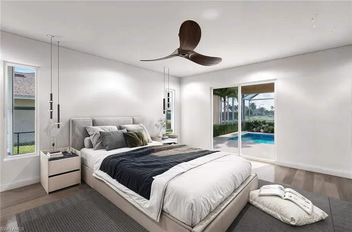 VIRTUAL REMODEL/STAGING: Primary Bedroom with ceiling fan, dark wood-type flooring, and access to outside